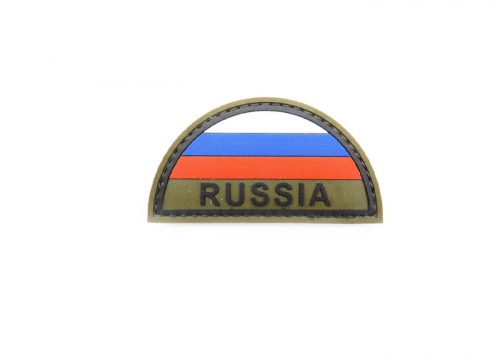 Шеврон "Флаг России" с надписью RUSSIA /полукруг/олива/размер 80х42 мм 